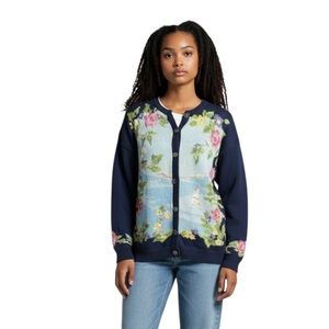 Vintage Hand Knit Northern Treasures Floral Sailboat Bird Cardigan Sweater